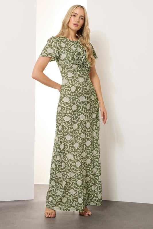 evans LTS Tall Green Floral Ruched Maxi Dress
