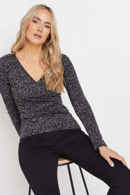 evans LTS Tall Grey Abstract Print Wrap Top