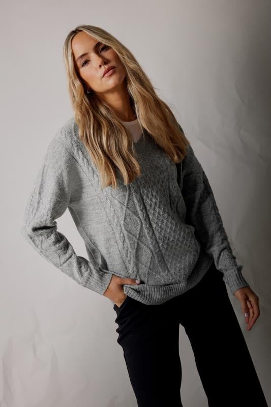 evans LTS Tall Grey Cable Knit V-Neck Jumper