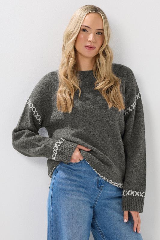 evans LTS Tall Grey Knitted Cross Stitch Jumper
