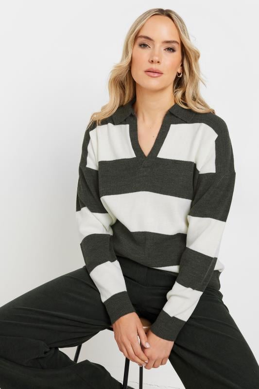evans LTS Tall Grey Knitted Stripe Collared Jumper