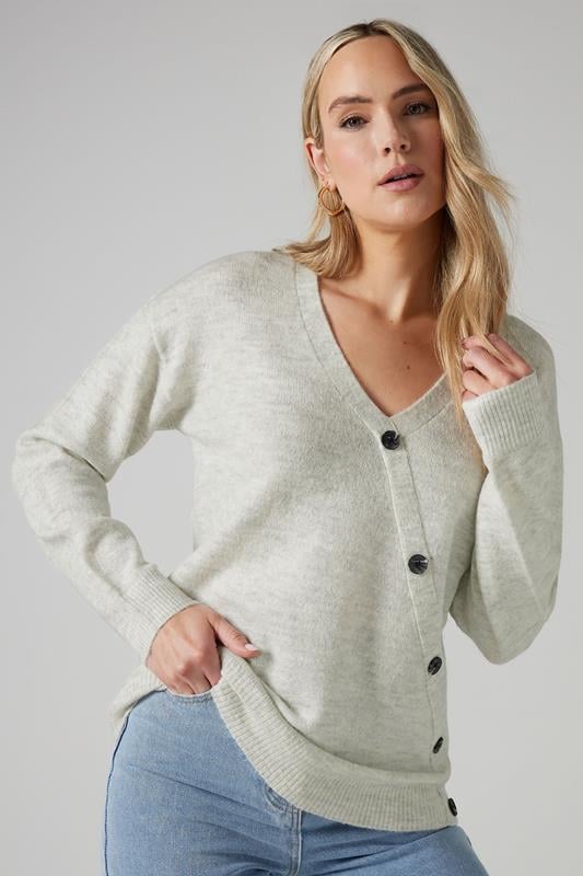 Evans LTS Tall Grey Marl Knit Wrap Button Jumper