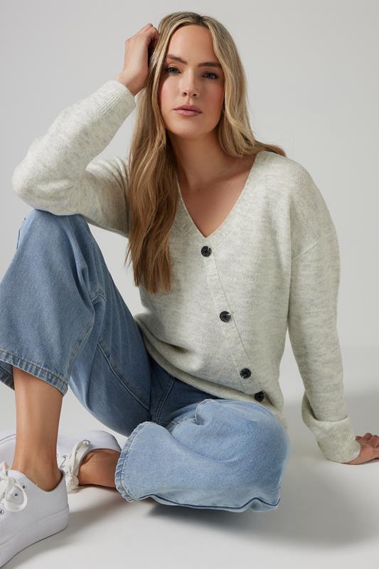 evans LTS Tall Grey Marl Knit Wrap Button Jumper