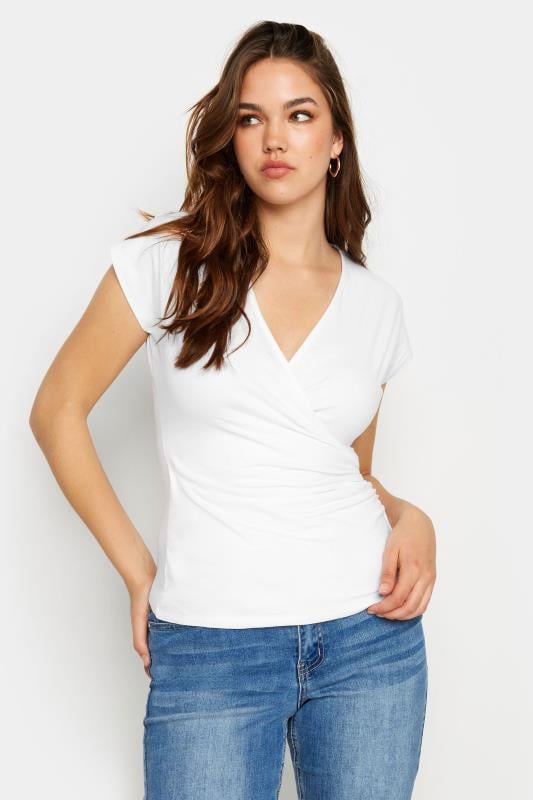 evans LTS Tall Ivory White Short Sleeve Wrap Top