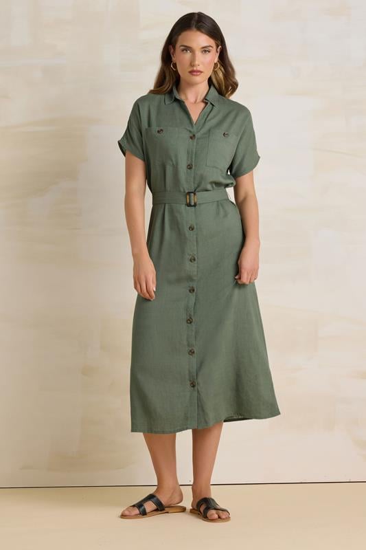 Evans LTS Tall Khaki Green Linen Button Midi Dress