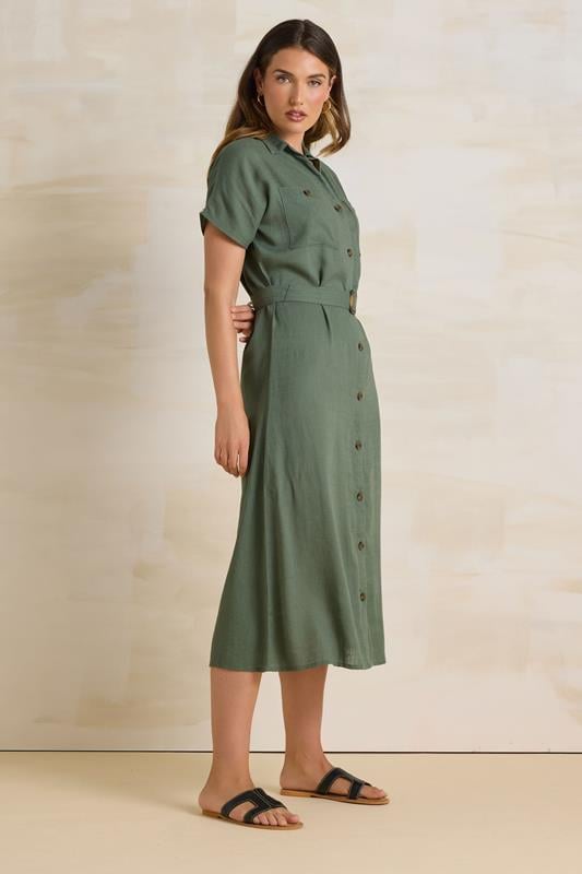 Evans LTS Tall Khaki Green Linen Button Midi Dress