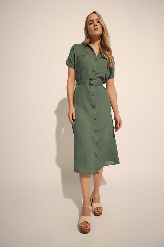 evans LTS Tall Khaki Green Linen Button Midi Dress