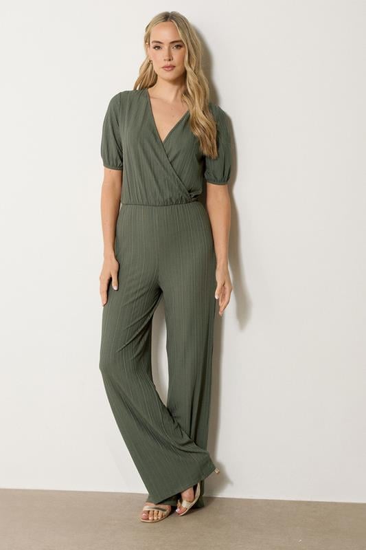 Evans LTS Tall Khaki Green Ribbed Wrap Jumpsuit