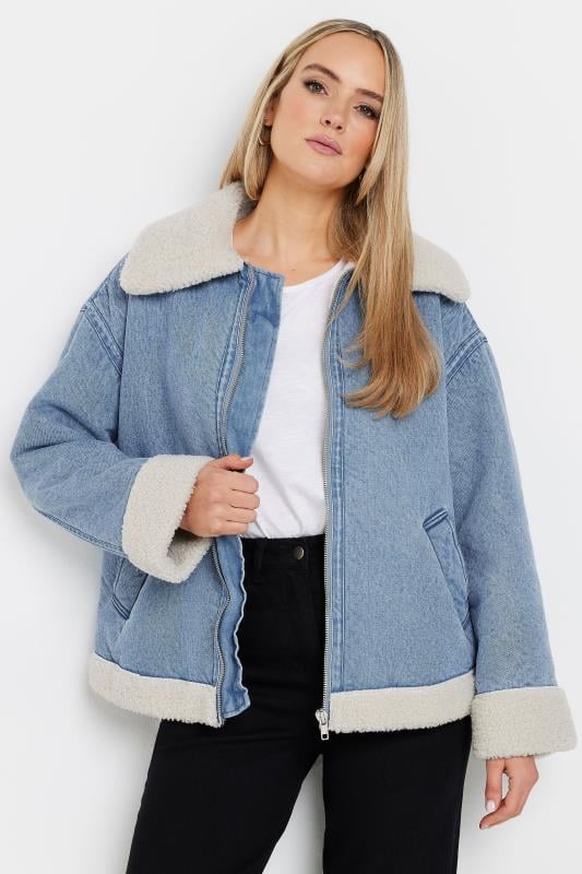 Evans LTS Tall Light Blue Denim Borg Zip Jacket