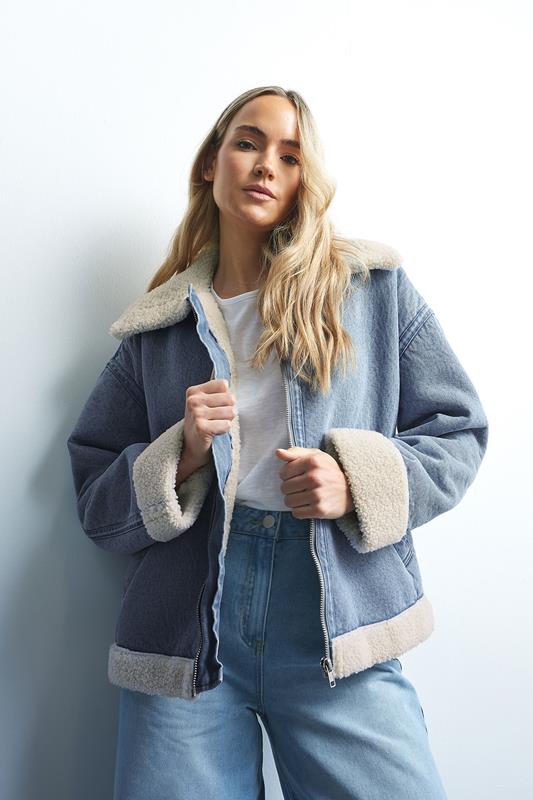 evans LTS Tall Light Blue Denim Borg Zip Jacket