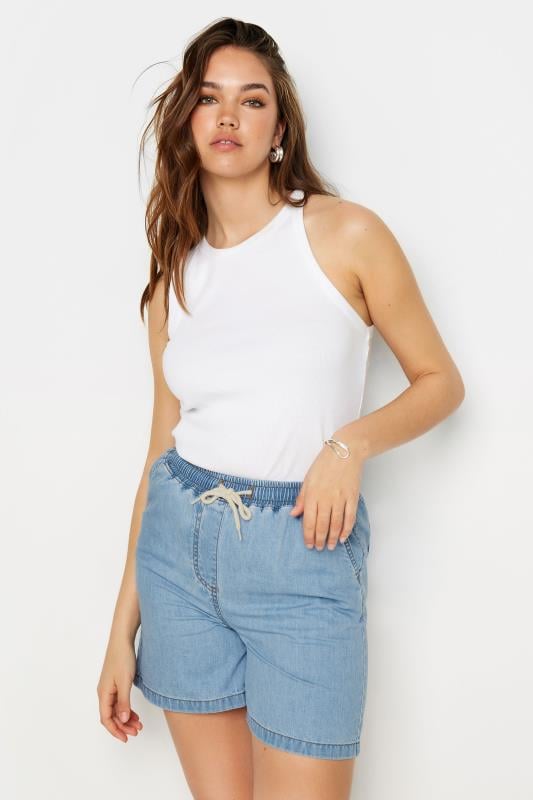 evans LTS Tall Light Blue Tie Waist Denim Shorts
