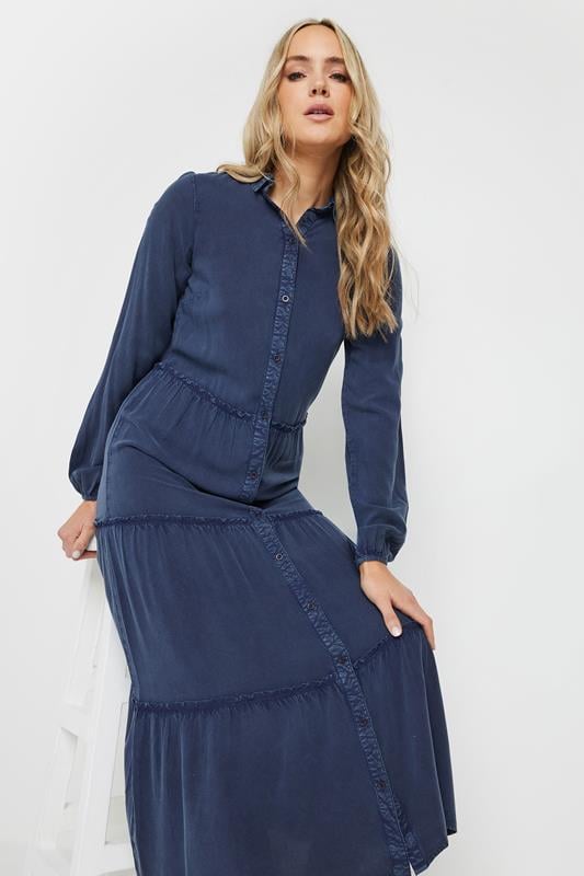 Evans LTS Tall Navy Blue Acid Wash Tiered Dress