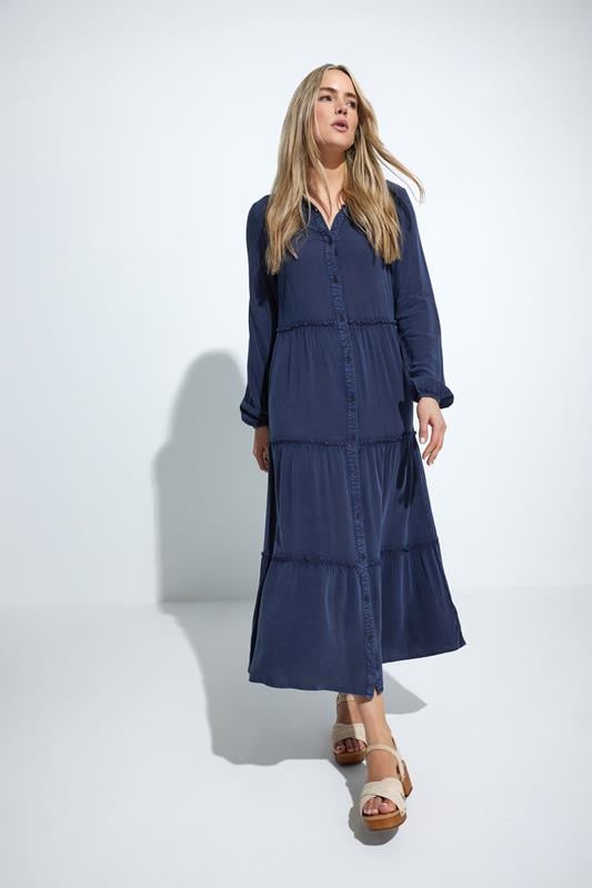 evans LTS Tall Navy Blue Acid Wash Tiered Dress