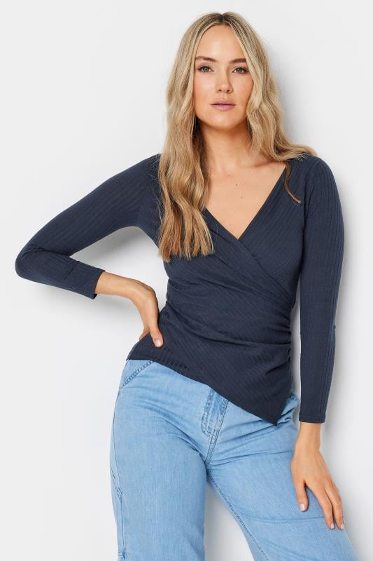evans LTS Tall Navy Blue Asymmetric Wrap Top