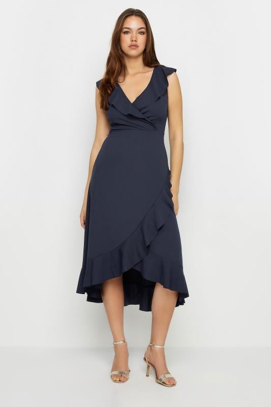 evans LTS Tall Navy Blue Frill Wrap Midi Dress