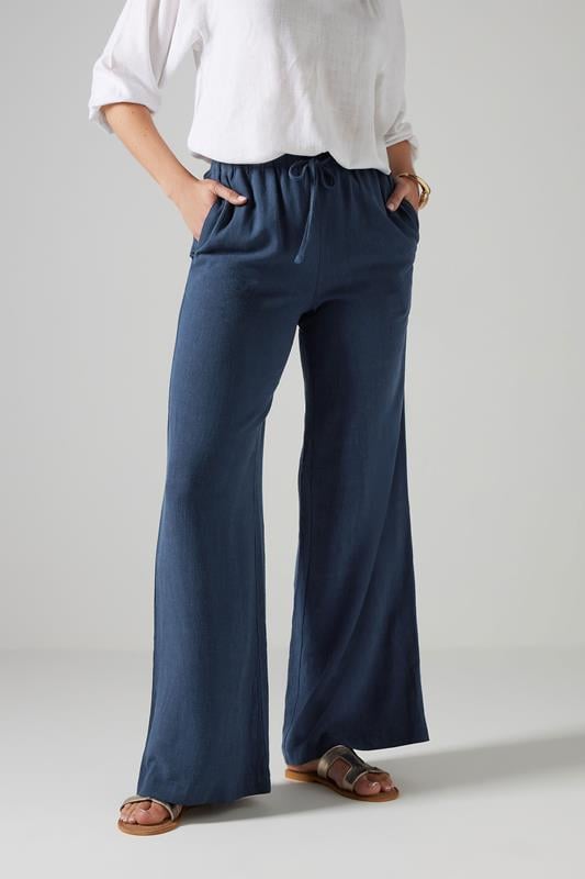 Evans LTS Tall Navy Blue Linen Tie Waist Trousers