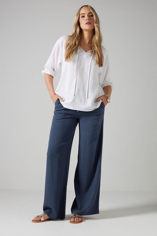 evans LTS Tall Navy Blue Linen Tie Waist Trousers