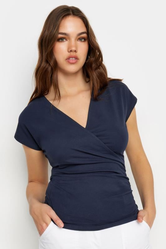 evans LTS Tall Navy Blue Short Sleeve Wrap Top