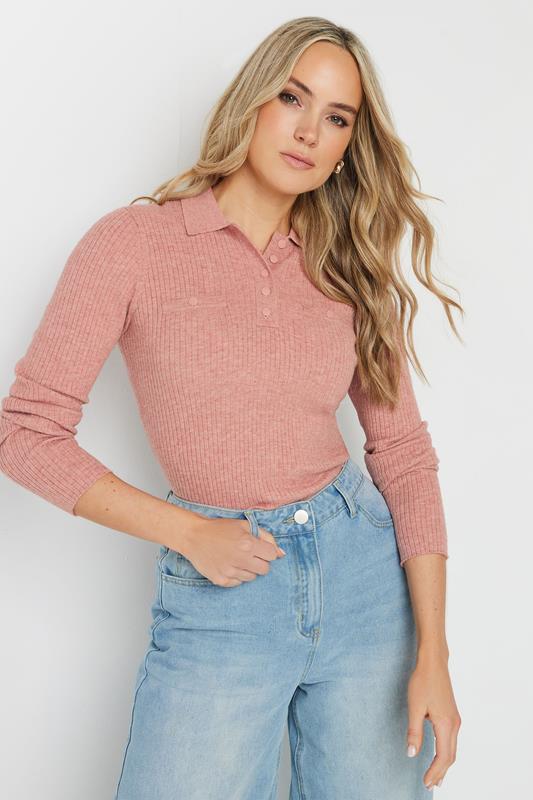 evans LTS Tall Pink Marl Knitted Polo Top