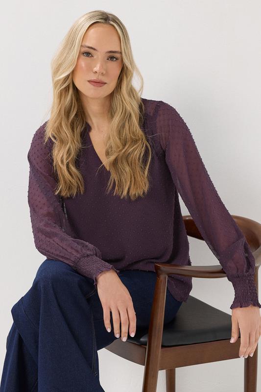 evans LTS Tall Purple Dobby Spot Shirred Cuff Top