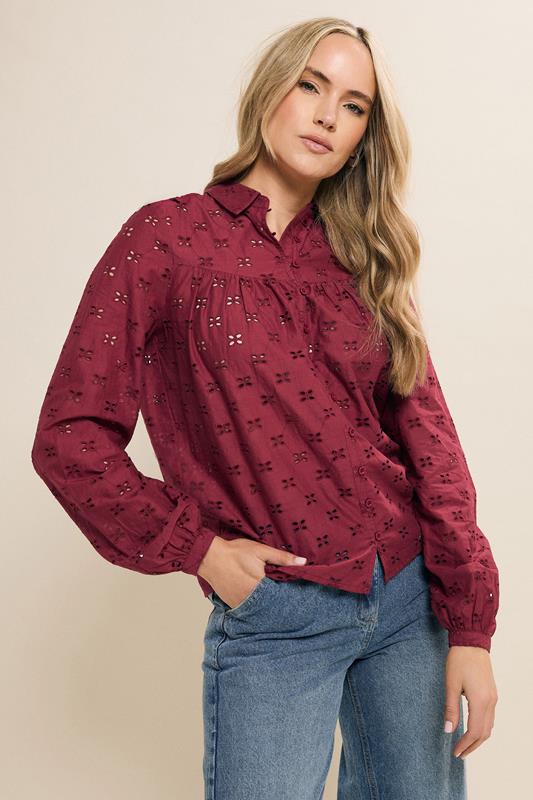 Evans LTS Tall Red Cotton Broderie Yoke Shirt