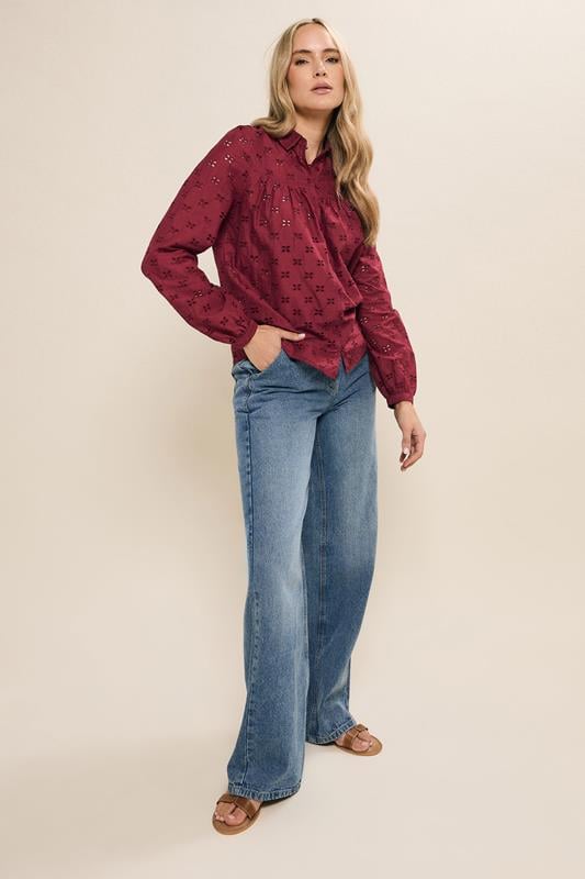 Evans LTS Tall Red Cotton Broderie Yoke Shirt