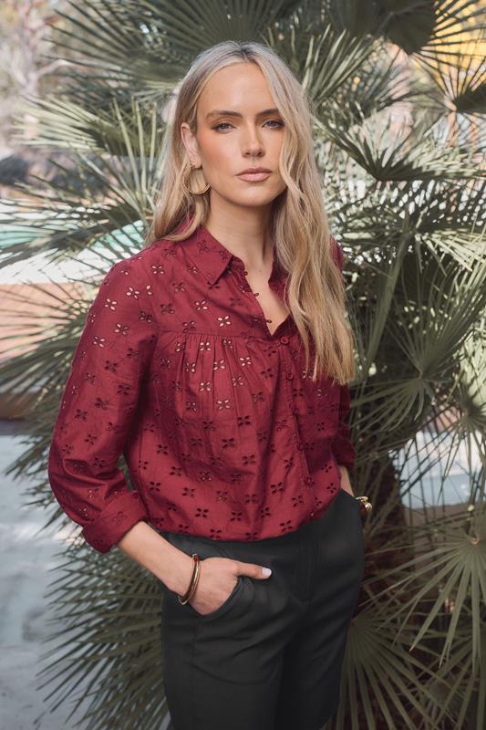 evans LTS Tall Red Cotton Broderie Yoke Shirt
