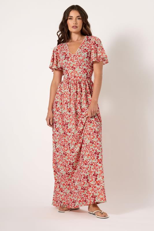 evans LTS Tall Red Ditsy Angel Sleeve Maxi Dress