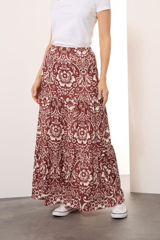 Evans LTS Tall Red Floral Print Tiered Maxi Skirt