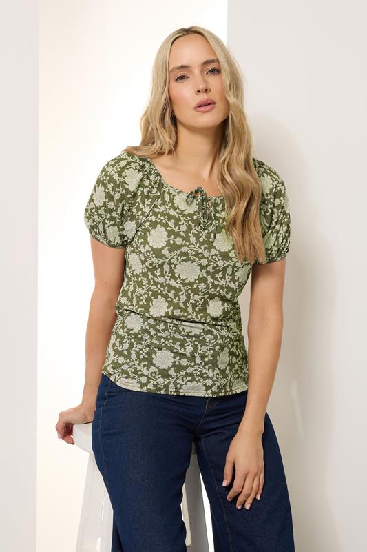 evans LTS Tall Sage Green Floral Tie Front Top