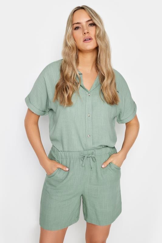 evans LTS Tall Sage Green Linen Tie Waist Shorts