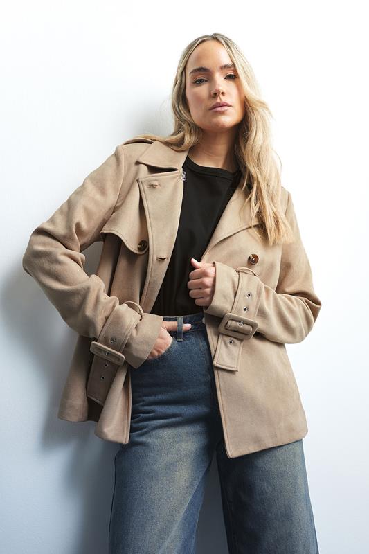 evans LTS Tall Stone Brown Faux Suede Trench Coat
