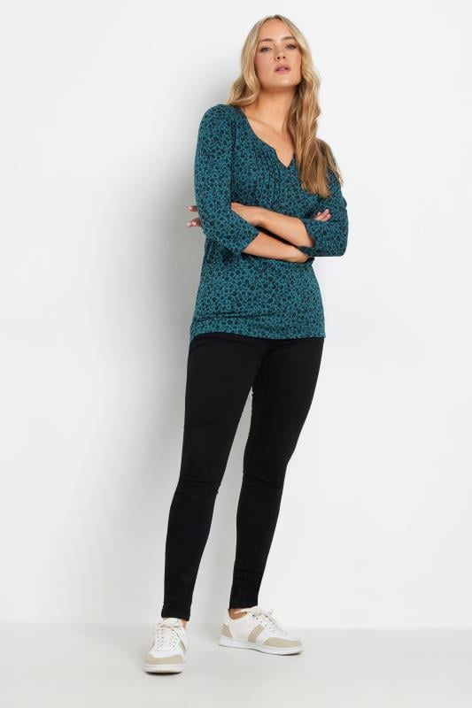 Evans LTS Tall Teal Blue Ditsy Floral Henley Top