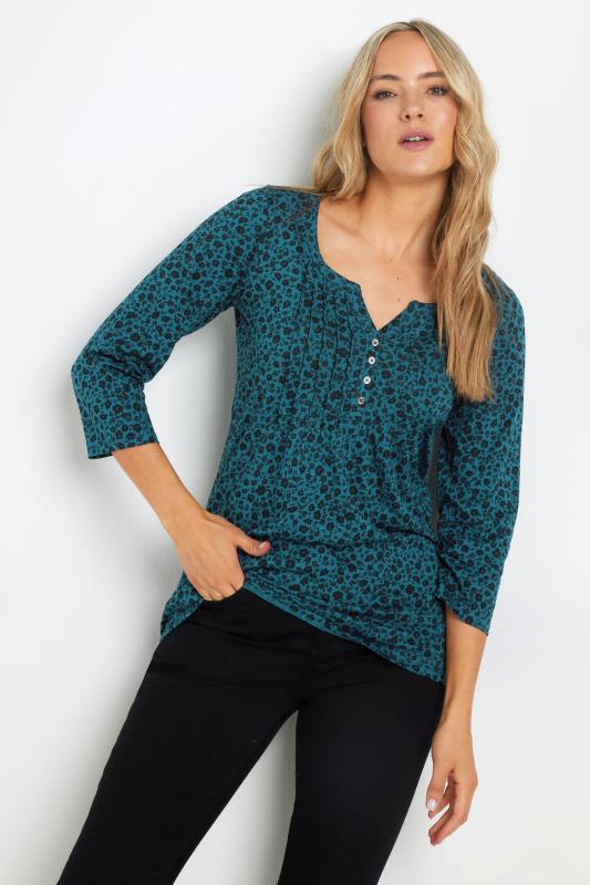 evans LTS Tall Teal Blue Ditsy Floral Henley Top