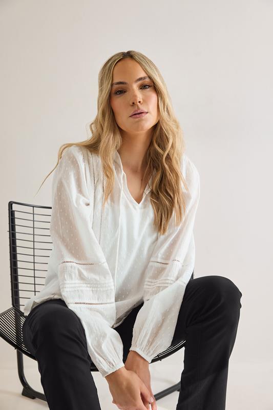 Evans LTS Tall White Cotton Dobby Tie Neck Blouse