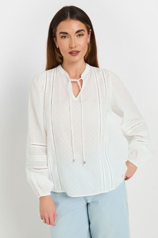 Evans LTS Tall White Cotton Dobby Tie Neck Blouse