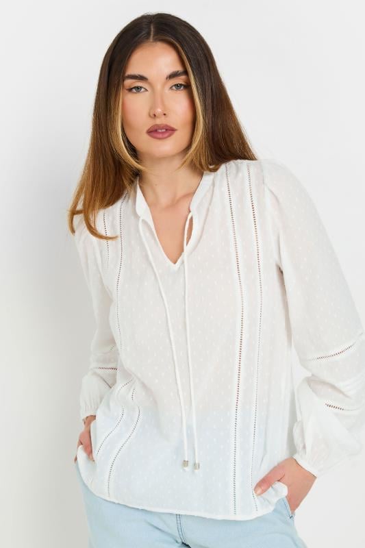 evans LTS Tall White Cotton Dobby Tie Neck Blouse