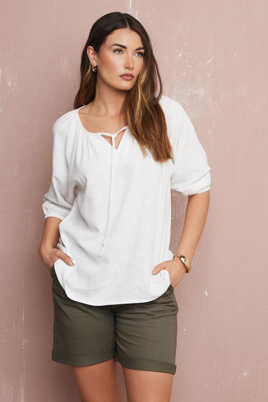 Evans LTS Tall White Linen Tie Front Top