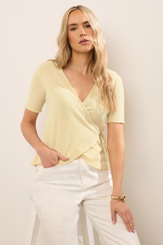 evans LTS Tall Yellow Pointelle Knit Wrap Top