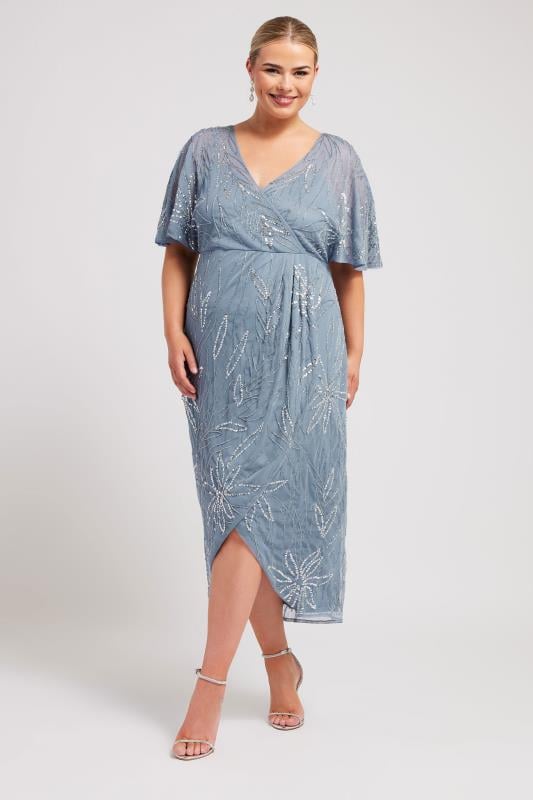 evans LUXE Curve Blue Embellished Wrap Midi Dress