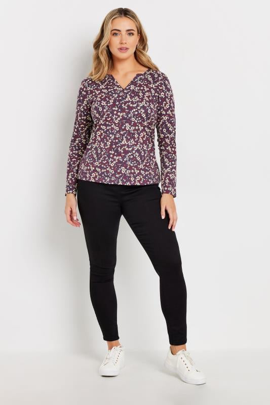 Evans M&Co Berry Red Floral Print Notch Neck Top