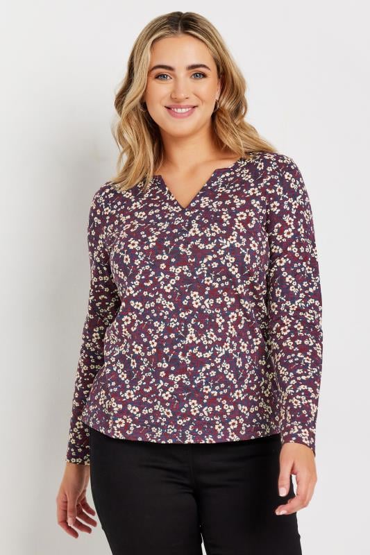 Evans M&Co Berry Red Floral Print Notch Neck Top