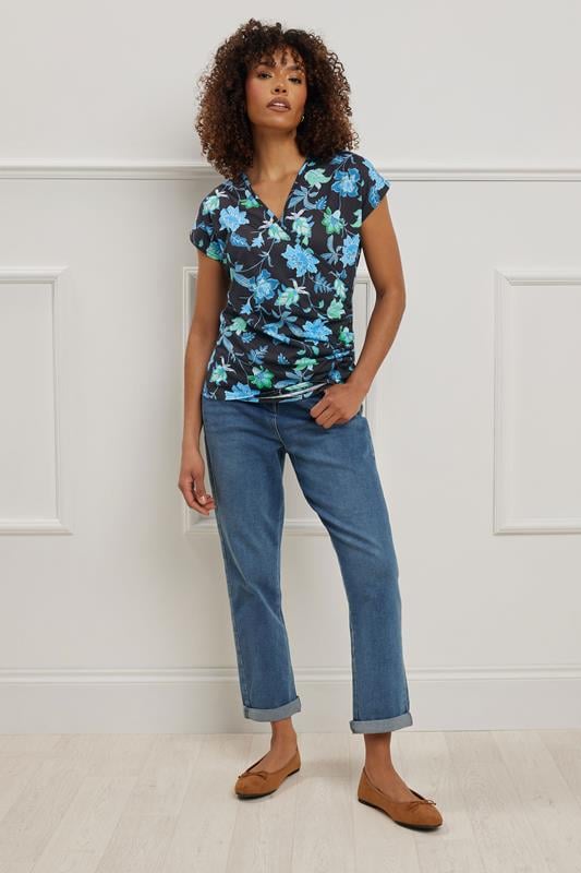 Evans M&Co Black & Blue Floral Print Wrap Top
