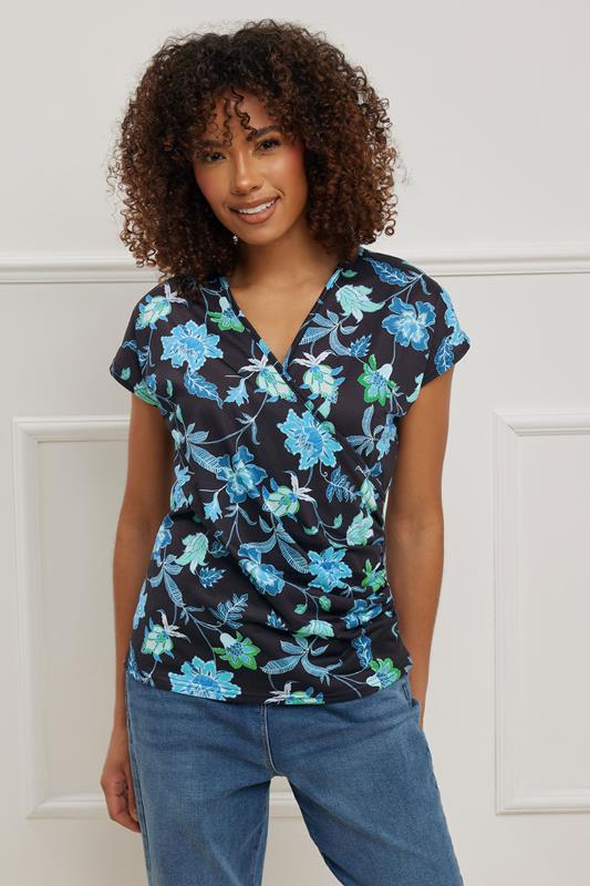Evans M&Co Black & Blue Floral Print Wrap Top