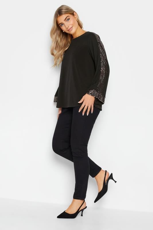 Evans M&Co Black Sequin Trim Long Sleeve Top