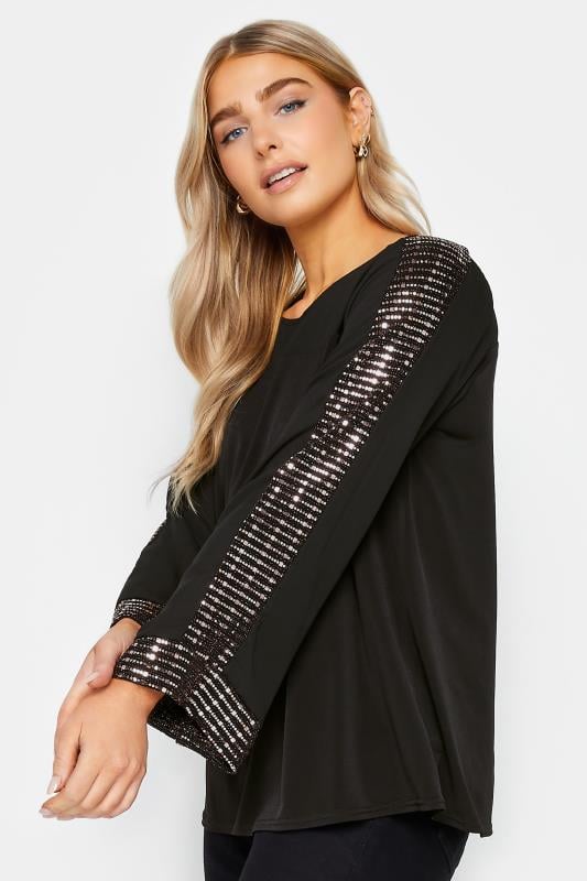 evans M&Co Black Sequin Trim Long Sleeve Top