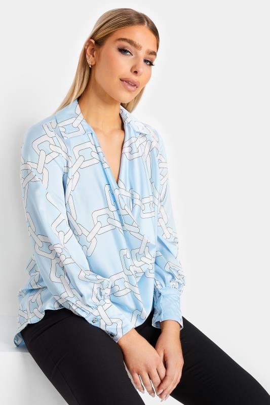 evans M&Co Blue Chain Print Cowl Neck Satin Blouse