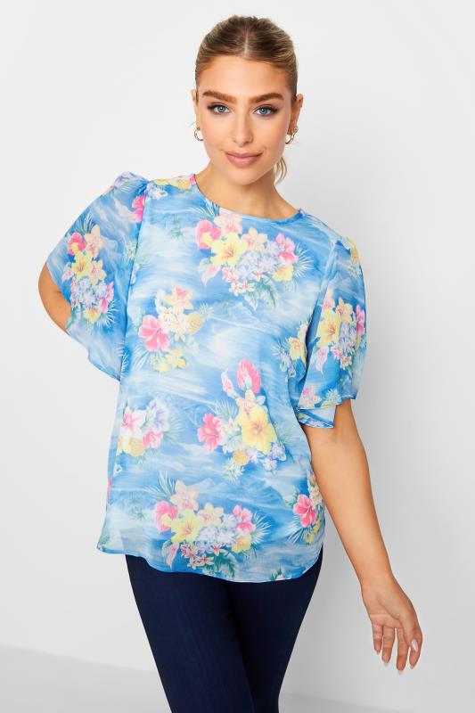 evans M&Co Blue Hawaiian Print Angel Sleeve Blouse