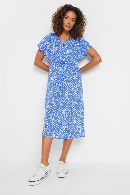 evans M&Co Blue Leaf Print Tie Waist Dress
