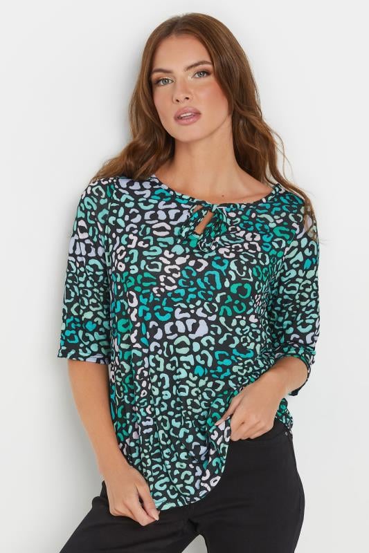 evans M&Co Blue Leopard Print Tie Front Top